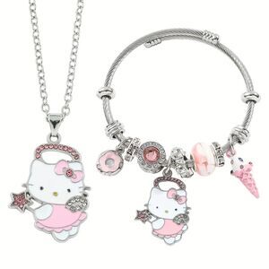 Silver & Pink Hello Kitty Necklace & Bracelet Set